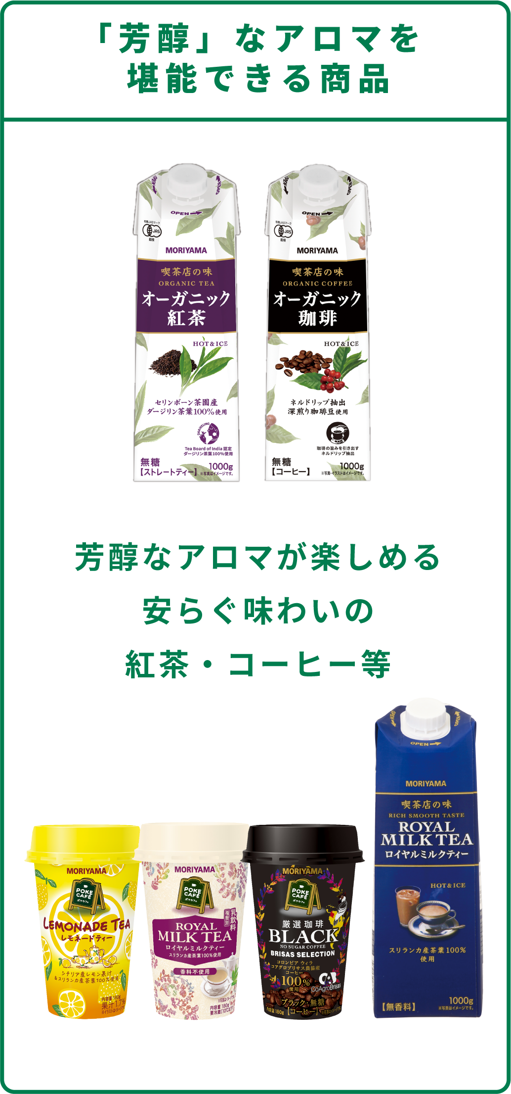 商品ができるまでのながれ　原料の調達・計量・抽出・調合・滅菌・各充填機へ・各包装機へ・お客様の元へ